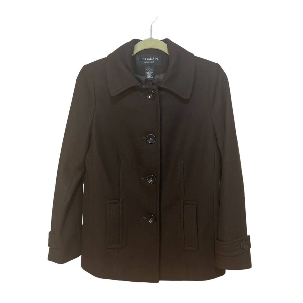 Centigrade Womens Wool Blend Pea Dress Coat XS Dark Brown‎ Button Front Pockets